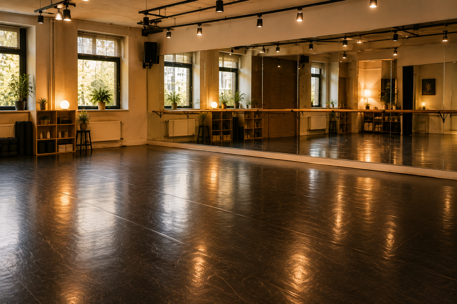 Dance class floor and warm studio lighting